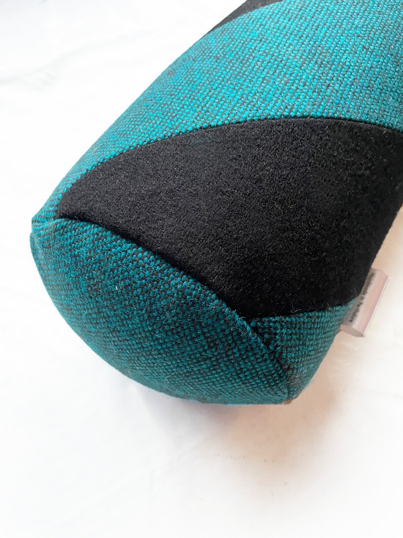 Black and teal wool, spiral patchwork bolster cushion image 3