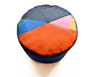 Geometric patterned leather and wool patchwork pouffe