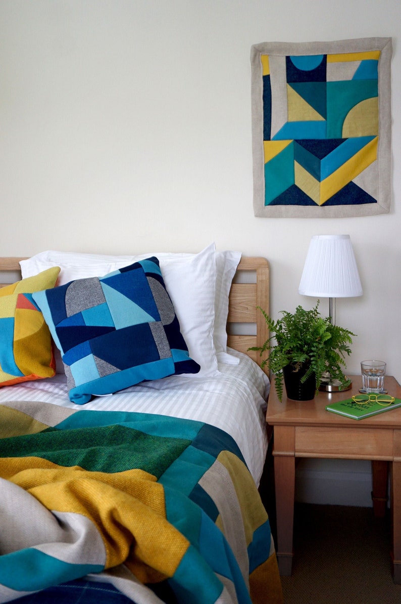 Geometric patchwork 'ShapeStudy' wallhanging greens & yellow image 1