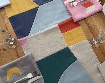 Patchwork Table Runner: Linen Cotton Geometric 'Landform' Design
