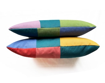 Patchwork linen 'flip it ' rectangle cushions - multi coloured