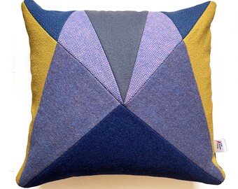Geometric patterned Patchwork 'AU' cushion - Purple, grey & mustard