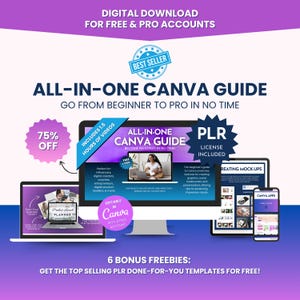 Può includere: Grafica di download digitale con il testo "ALL-IN-ONE CANVA GUIDE" e un badge "BEST SELLER". Include un laptop, un computer desktop, un tablet e uno smartphone che mostrano contenuti Canva. L'immagine include anche il testo "75% OFF" e "6 BONUS FREEBIES".