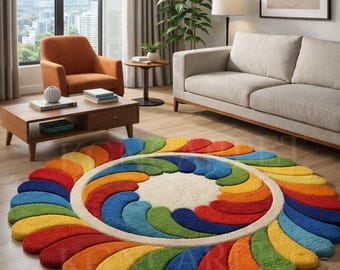 Rainbow Swirl 3D Hand-Tufted Round Rug - Multicolor Soft Wool Circle Carpet for Living Room and Nursery - Modern Vibrant Floor Decor Art 8x8