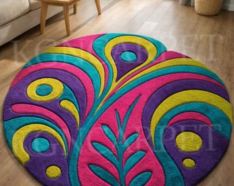 Hand Tufted Multicolor Round Rug 3D Carved Abstract Swirl Wool Area Carpet Vibrant Pink Teal Floor Mat for Living Room or Bedroom Home Decor