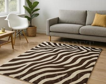 Luxury Zebra Print Area Rug - Hand Tufted Modern Animal Pattern Carpet for Living Room & Bedroom - Soft Beige and Brown Decorative Floor Mat
