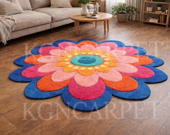 Hand Tufted Flower Shaped Area Rug Multicolor 3D Floral Wool Carpet for Living Room, Bedroom, Kids, Nursery Playroom Unique Home Floor Decor