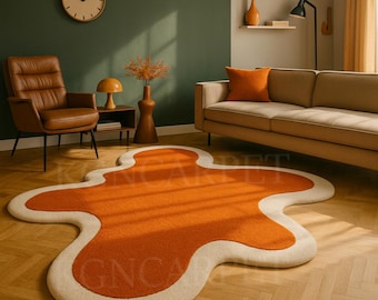 Handmade Modern Abstract Organic Shape Hand-Tufted Rug - Burnt Orange & Cream Plush Area Carpet for Living Room or Bedroom and Nursery Decor