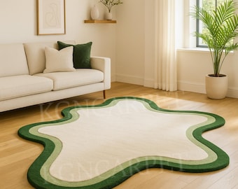 Handmade Organic Wavy Area Rug: Hand-Tufted, Cream and Layered Green Border. Irregular Shape for Funky Modern, Biophilic, and Boho Interiors