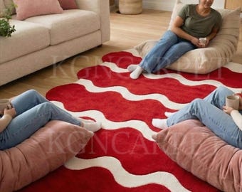 Handmade Modern Red and White Wavy Hand-Tufted Rug – Unique Irregular Shape Statement Piece by KGN CARPET for Living room, or Bedroom Decor.