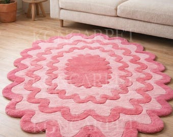 Handmade Pink Scalloped Edge Hand Tufted Rug – Modern Gradient Wavy Flower Shape Wool Area Carpet for Living Room and Nursery by KGN CARPET.