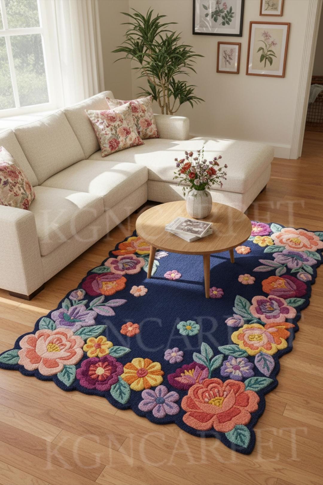 Flower City Rug Hand Tufted Cassia Flower Area Rug, Blue Base With Multicolour Flowers ...