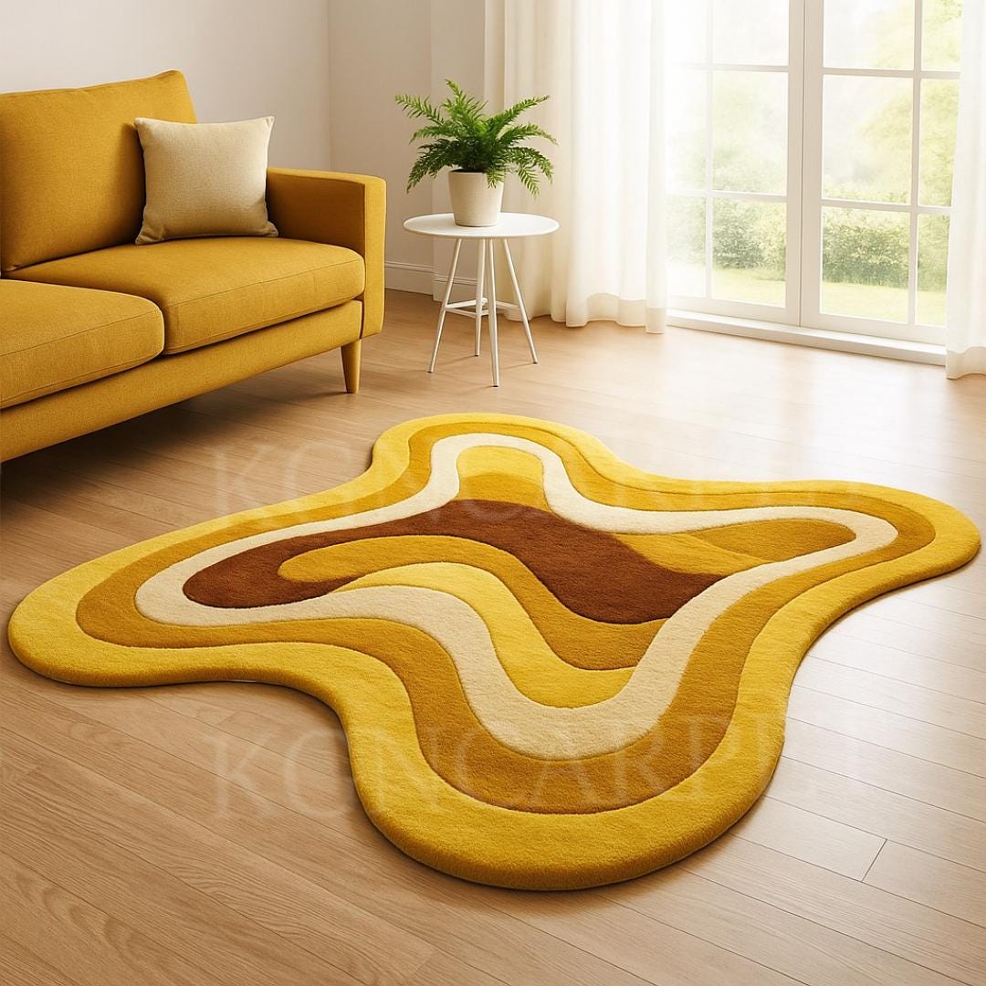 Groovy 70s Abstract Amoeba Rug | Mustard Yellow & Brown Free-form Floor ...