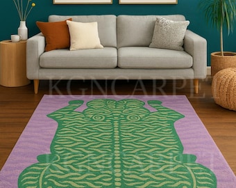 Vibrant Green Tibetan Tiger Area Rug Hand Tufted Wool on Lavender Purple | Maximalist Style Statement Piece of Funky Living Room or Bedroom