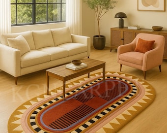 Hand Tufted Oval Area Rug Modern Geometric Boho Design Mustard Yellow & Rust Multi Color Wool Carpet for Living Room Bedroom Home Decor Art.
