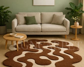 Hand-Tufted Abstract Wavy Rug - Irregular Shaped Brown and Cream Aesthetic Carpet - Modern Retro Swirl Floor Mat for Living Room KGN CARPET.