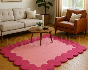 KGNCARPET Pink Scalloped Hand Tufted Wool Area Rug Modern Wavy Edge Carpet Bedroom Nursery Kids Room Decor Blush Hot Pink Aesthetic Art 8x10