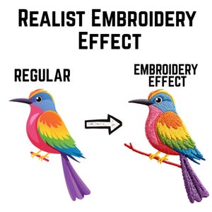 Puede incluir: Imagen que compara una ilustración de pájaro normal con un efecto de bordado. El pájaro normal es colorido con un pecho arcoíris y una cola morada. El pájaro con efecto de bordado tiene una apariencia texturizada y cosida.