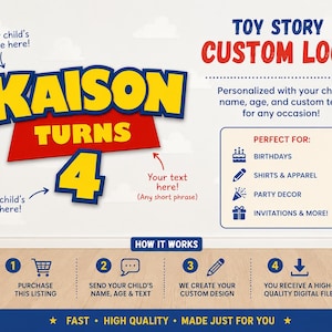 May include: A digital graphic design featuring the Toy Story logo style with the text KAISON TURNS 4. The image includes instructions for customization, a list of uses like birthdays and party decor, and a four-step process for receiving the file.
