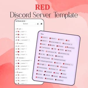 May include: A digital graphic promoting a "RED Discord Server Template." The image features two mock-up phone screens displaying server settings and role options. The background is a gradient of red and pink hues, with the text "RED Discord Server Template" at the top.