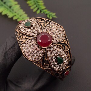 Antique Copper Red Green Onyx Cuff Bracelet, Victorian Filigree Adjustable Bangle, Unique Artisan Jewellery Gift~