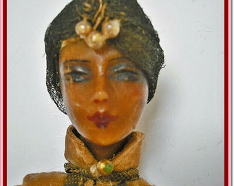 Antique Doll, Unusal Poured Wax Headed Brown, Asian, Indian Doll, OOAK, Collectors Doll, Boudoir Doll, Art & Collectibles