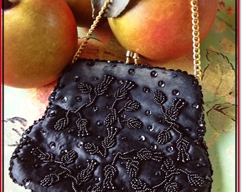Beautiful Vintage Black caviar and bugle  beaded Handbag, Purse, Bead Purse,Small Evening Bag, Vintage Retro Beaded Bag,