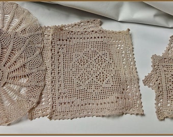 Hand Crocheted Table Protectors, 6 Mercer Hand Made Ecru Doilies,Latte Toned Tray Covers,Mercer Crochet 20grammes Thread