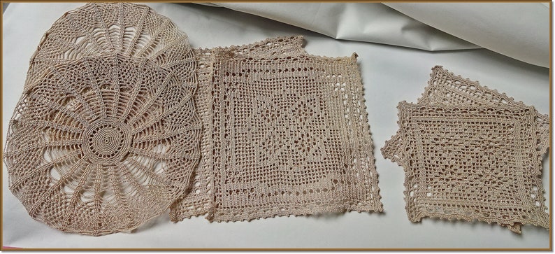Hand Crocheted Table Protectors, 6 Mercer Hand Made Ecru Doilies,Latte Toned Tray Covers,Mercer Crochet 20grammes Thread image 1