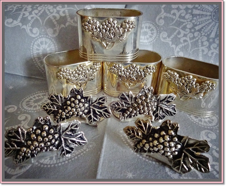 Napkin Holders /& SP Card Holders Divine Dining Set of Four Vintage Silver Plate Grape Vine Place Card Holders and Napkin Rings