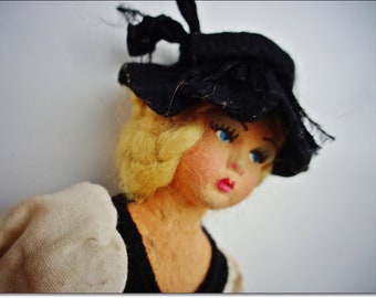 Stunning Little Side Glancing Felt Face Vintage Doll, Girl Doll, Costume 1960s Doll