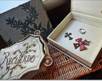 Rare Boudoir Box,Antique Embroidery, Pretty Oyster Silk Spanish Boudoir Box ,Faded Elegance, Silk Dressing Table  Box