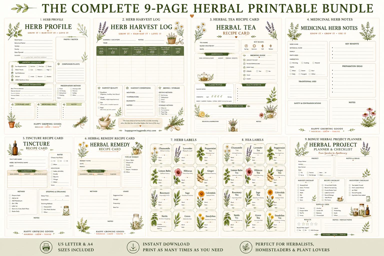 Herbal Journal Printable Bundle Herb Profile, Tea Recipe Cards, Tincture Log, Apothecary Planner US