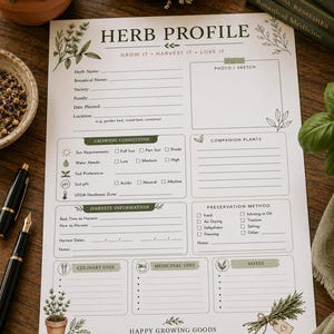 Printable Herb Profile Sheet, Garden Journal, and Harvest Record  US Letter and A4 PDF