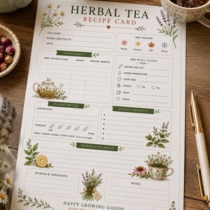 Herbal Tea Recipe Card Printable | Tea Blend Journal Page | Herbal Tea Recipe Tracker US Letter and A4 PDF