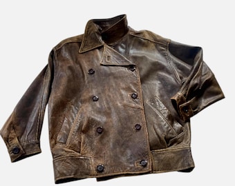 Vintage Mary Quant distressed brown tan leather jacket, oversized, UK 12
