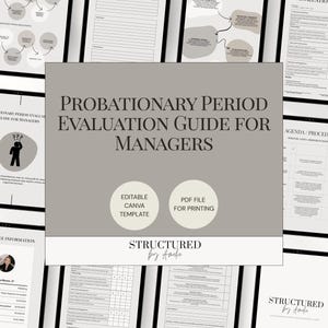 Könnte beinhalten: Mehrere Tablets zeigen ein digitales Produkt mit dem Titel "Bewertungsleitfaden für die Probezeit für Manager". Der Leitfaden enthält editierbare Canva-Vorlagen und PDF-Dateien zum Drucken. Das Design ist in Grau- und Weißtönen gehalten.