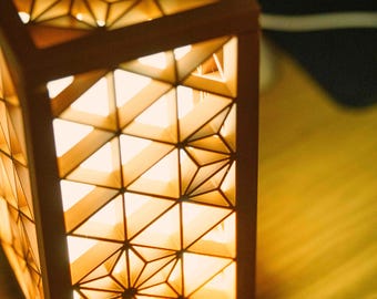 Kumiko Pattern Lantern Lamp | Japanese Geometric Table Light | Warm Ambient LED Night Light |  Wooden Shade Decor