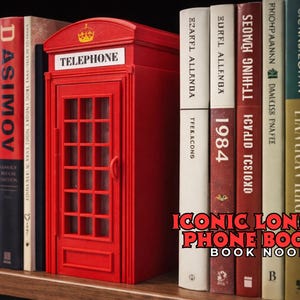May include: A red London phone booth book nook with the word "TELEPHONE" on top. The book nook is placed on a shelf with several books. The text "ICONIC LONDON PHONE BOOTH BOOK NOOK" is visible.