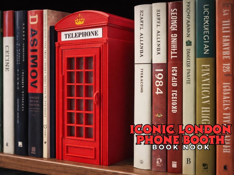 May include: A red London phone booth book nook with the word "TELEPHONE" on top. The book nook is placed on a shelf with several books. The text "ICONIC LONDON PHONE BOOTH BOOK NOOK" is visible.