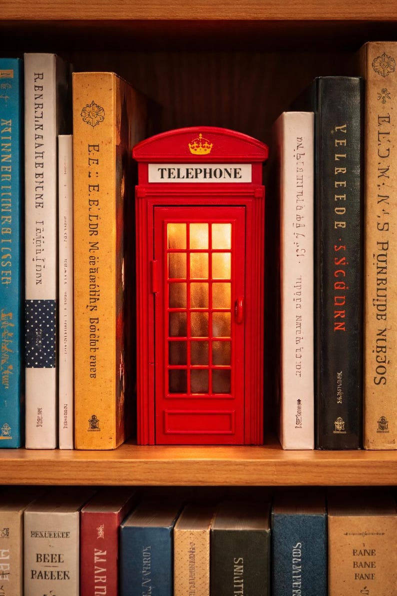 May include: A miniature red telephone booth with the word "TELEPHONE" on top, illuminated from within, sits on a wooden shelf among various books. The booth has a crown emblem above the text.