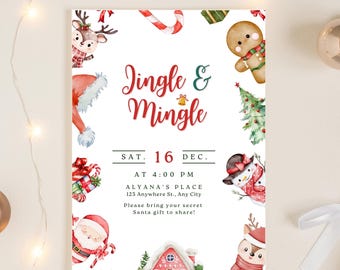 Invitación retro "Jingle & Mingle", plantilla de Canva para fiesta navideña en acuarela, invitación para fiesta navideña con personajes adorables