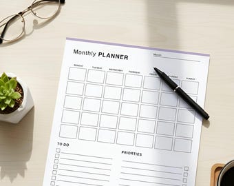 Planificador mensual imprimible A4, inserto de calendario de escritorio sin fecha, rastreador de estudios minimalista para estudiantes en PDF, página de lista de tareas pendientes tamaño carta estadounidense
