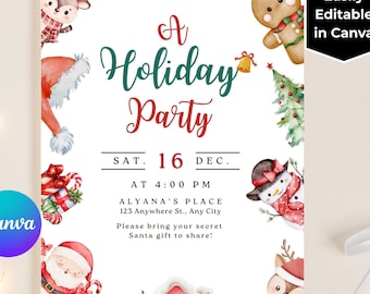 Plantilla editable de Canva para invitación a fiesta de Navidad en acuarela / Invitación para amigo invisible / Invitación para fiesta navideña infantil y escolar 5x7