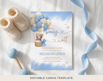 Invitación para baby shower de niño "Bearly Wait" / Invitación de osito de peluche en globo aerostático / Plantilla editable de Canva / Baby Shower para niño azul