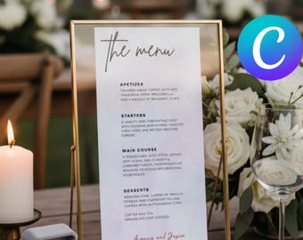Blush Pink Watercolor Wedding Menu Template, Editable Canva Reception Dinner Menu, Pastel Boho Wedding Table Decor Printable
