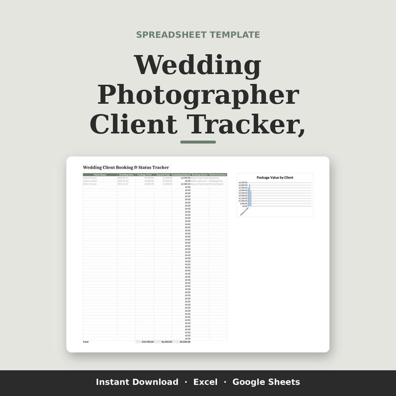 Planificador de clientes para fotógrafos de bodas, hoja de cálculo de Google Sheets para negocios de fotografía, plantilla de contabilidad e ingresos para fotografía. imagen 1