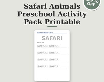 Hojas de trabajo preescolares con temática de safari, páginas para trazar animales de la selva y actividades de conteo para niños pequeños, ideales para el currículo de matemáticas preescolares en casa (PDF).