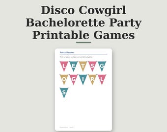 Paquete imprimible para despedida de soltera con temática de vaquera disco, juegos para despedidas de soltera con temática disco y kit de decoración de bingo con letrero de bienvenida de Nashville.