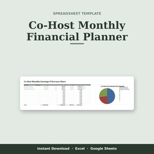 May include: A digital spreadsheet template titled Co-Host Monthly Financial Planner. It features a table for Co-Host Monthly Earnings & Revenue Share and a pie chart labeled Co-Host Commission by Property. The design includes text for Excel and Google Sheets.